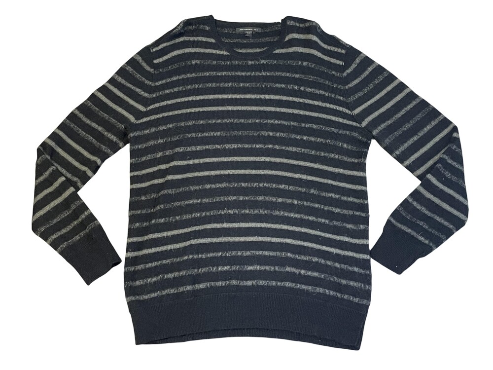 John Varvatos USA Sweater Mens 2XL Black Gray Stripe Crewneck Knit Pullover